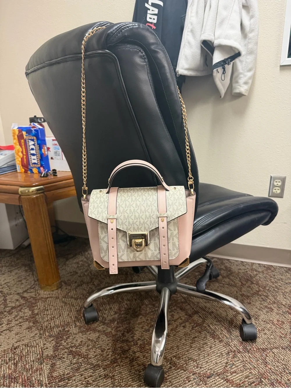 Michael Kors Pink and Logo Canvas Satchel with Gold Chain Strap